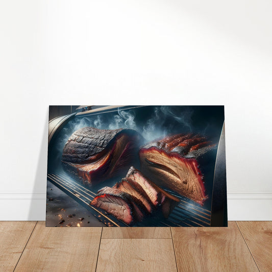 Canvas art depicting smoked briskets with peppery crust, glistening fat, and pink smoke ring in a barbecue smoker.