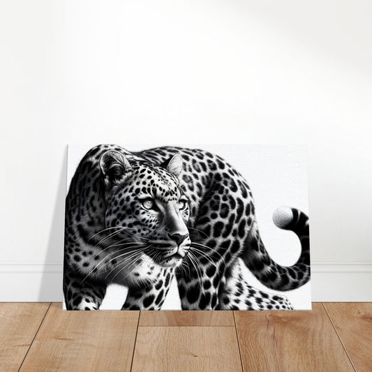 Pencil sketch of a sneaking leopard poised to pounce, blending into foliage with intense eyes.