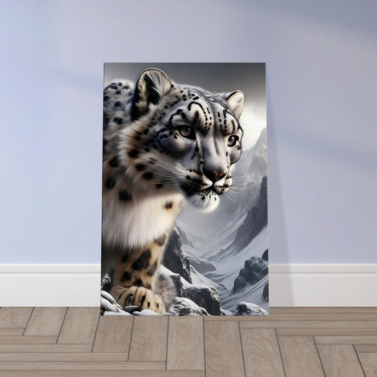 Wall art of a snow leopard with spotted coat blending into snowy rocky mountain habitat.