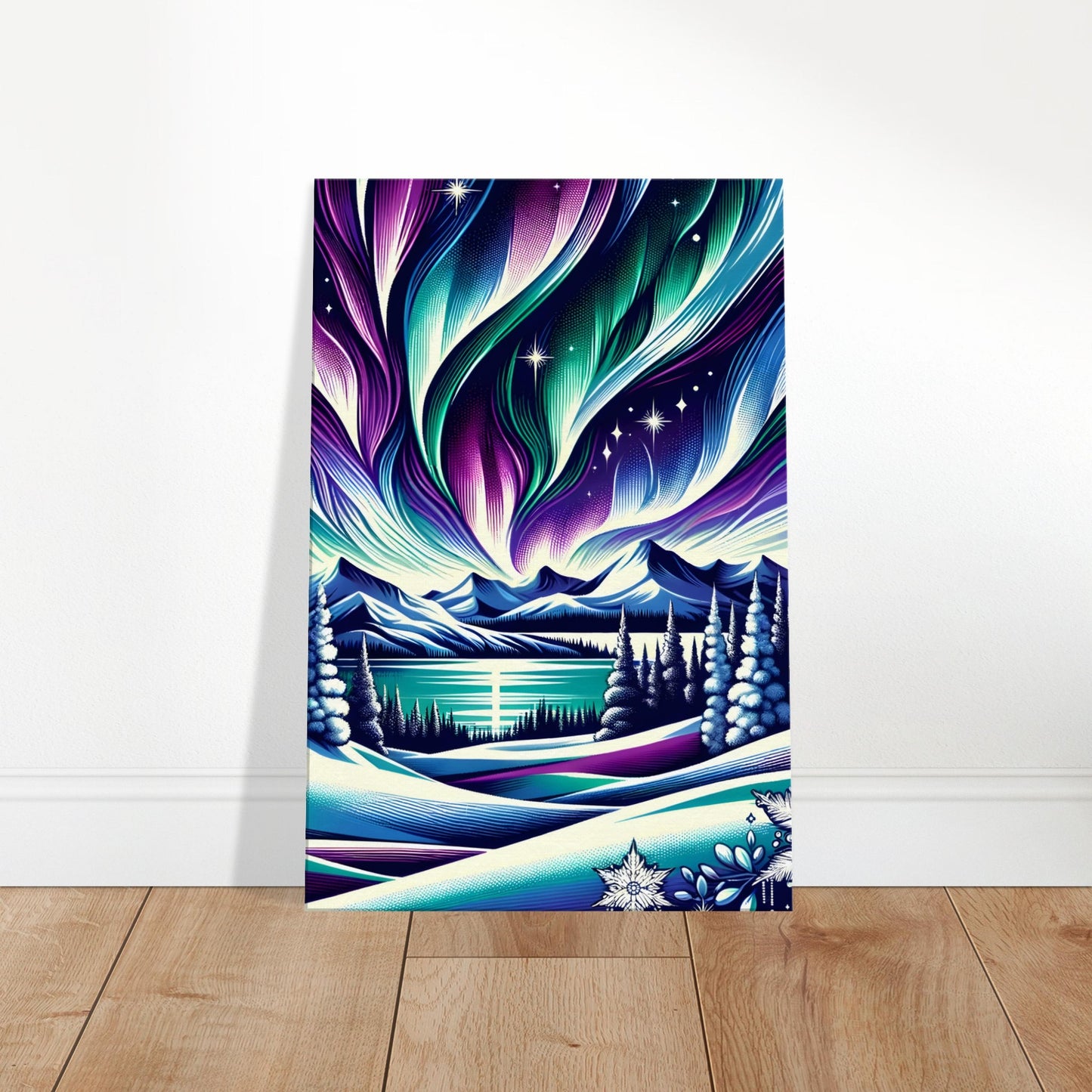 Pop art-style aurora lights in vibrant colors over snow-covered trees and mountains with starry sky.