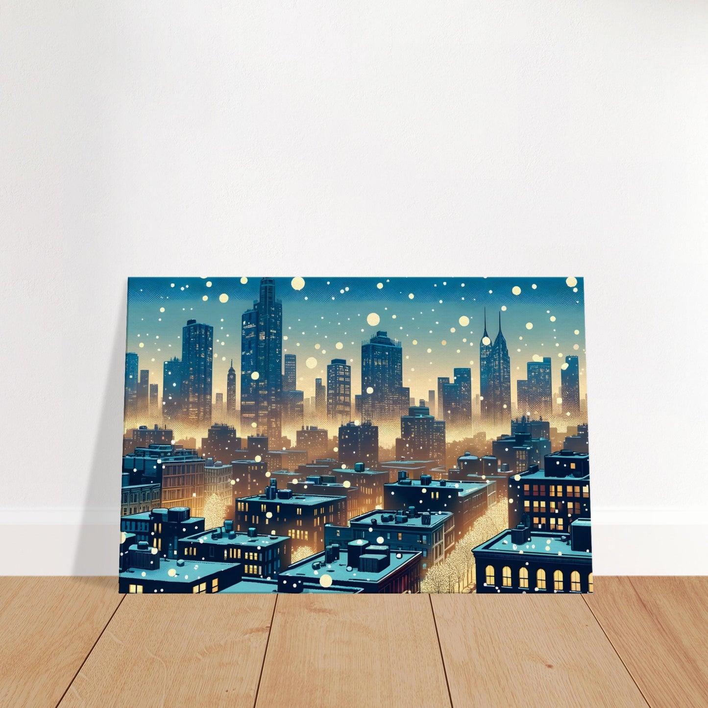Pop art canvas of a snowy city at dusk with glowing windows and falling snowflakes