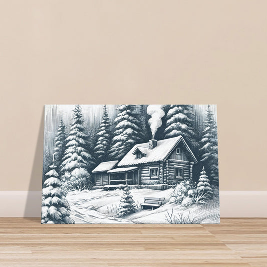 Sketch-style canvas of a snowy forest with a secluded cabin nestled among pine trees