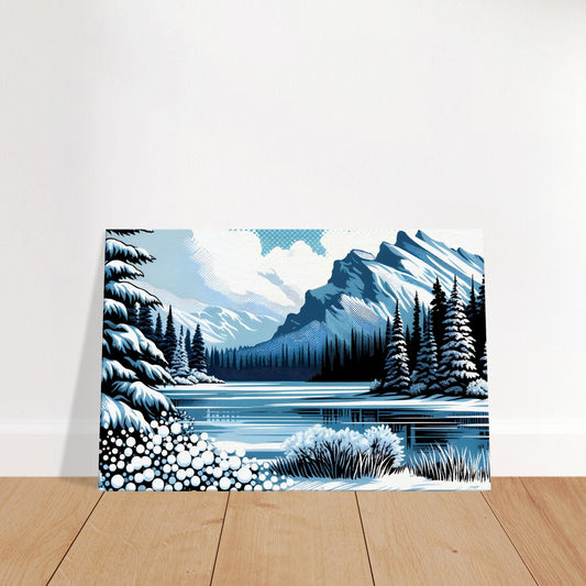 Pop art style winter scene with frozen mountain river and halftone snow-capped peaks in retro comic book aesthetic