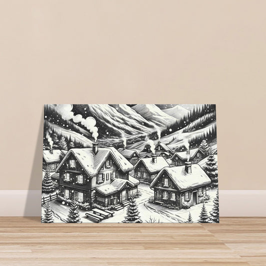 Sketch of a snowy mountain village at night with starlit sky and snow-covered rooftops