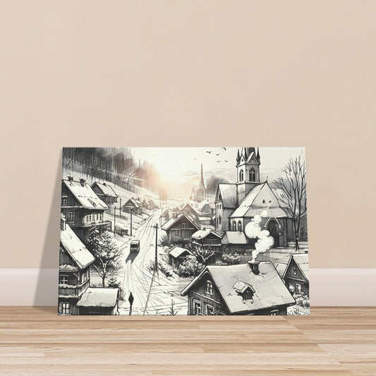 Canvas sketch of a snowy village at sunrise, capturing a peaceful winter morning