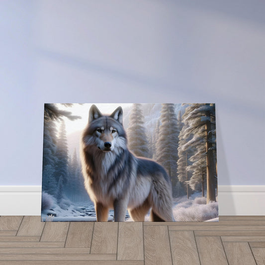 Wall art of a snowy wolf standing in a snow-covered forest at sunrise with a piercing gaze.