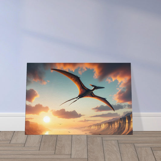Wall art of a Pterosaur soaring above a prehistoric coastline at sunset with vibrant sky and water reflections.
