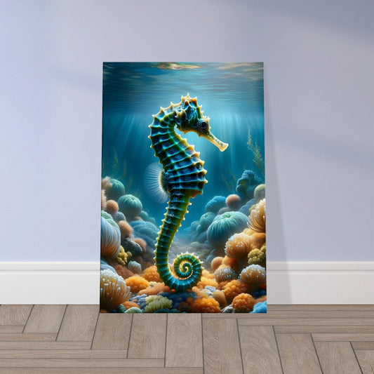 Hyper-realistic image of a solitary seahorse surrounded by colorful sea anemones and coral.