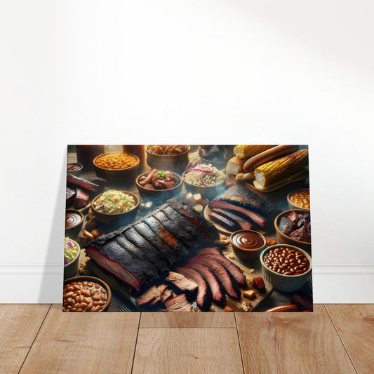 Canvas art depicting a smoked brisket with dark bark, corn on the cob, sausages, and classic barbecue sides.