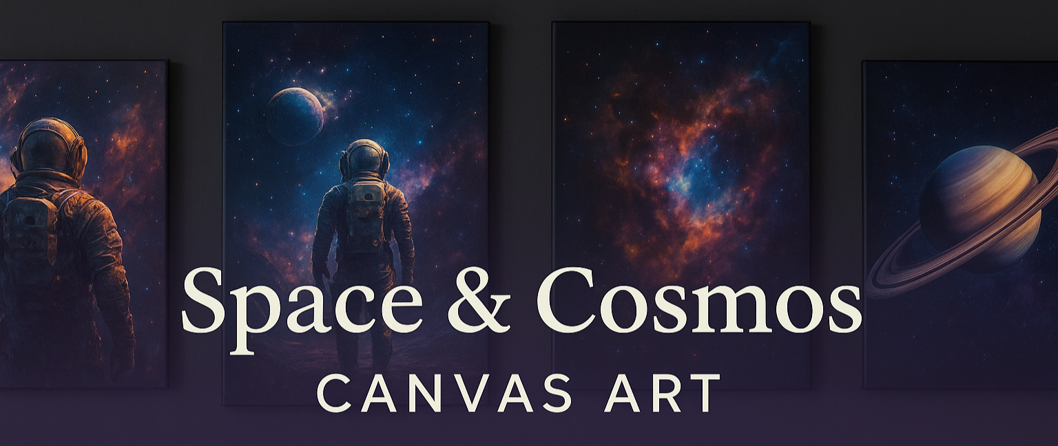 Space & Cosmos canvas art banner in 3:2 ratio featuring centered text, astronauts and galaxies, with 35% OFF promo and Canvas Connoisseurs branding.