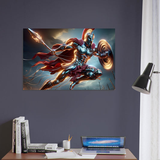 A Spartan warrior leaps mid-air in crimson and silver armor over an ancient battlefield with weapons and chaos below.