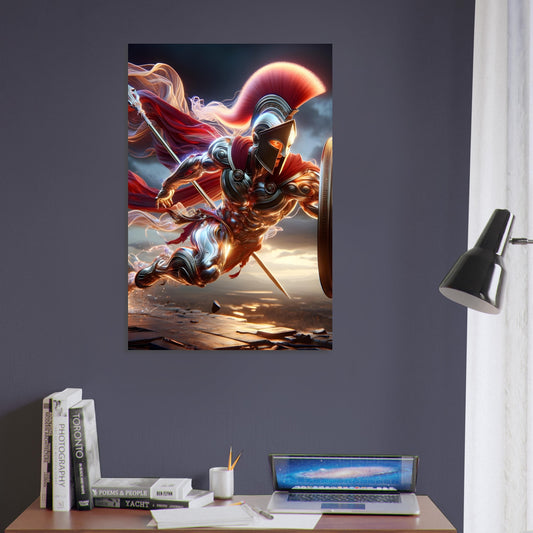 A Spartan warrior in crimson and silver armor leaps forward with spear and shield on a chaotic ancient battlefield.