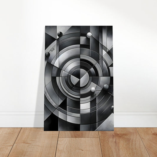Abstract monochrome canvas featuring floating spheres and geometric forms creating a three-dimensional optical illusion.