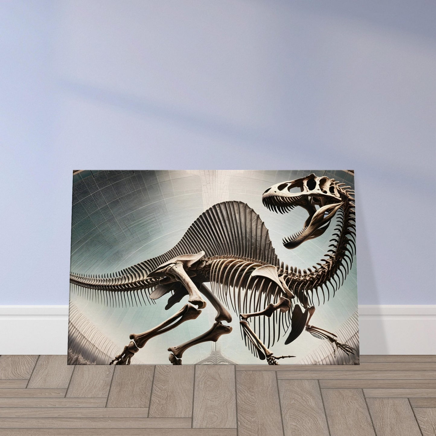 Illustration of a Spinosaurus skeleton featuring its sail-like spine and elongated skull, shown in a dynamic, semi-aquatic pose.