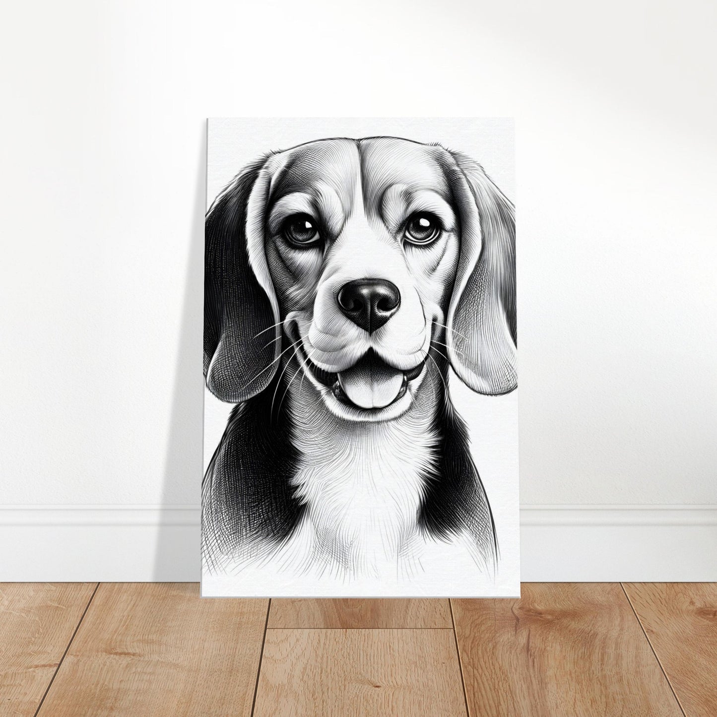 Black and white sketch of a Beagle dog featuring floppy ears and expressive eyes.