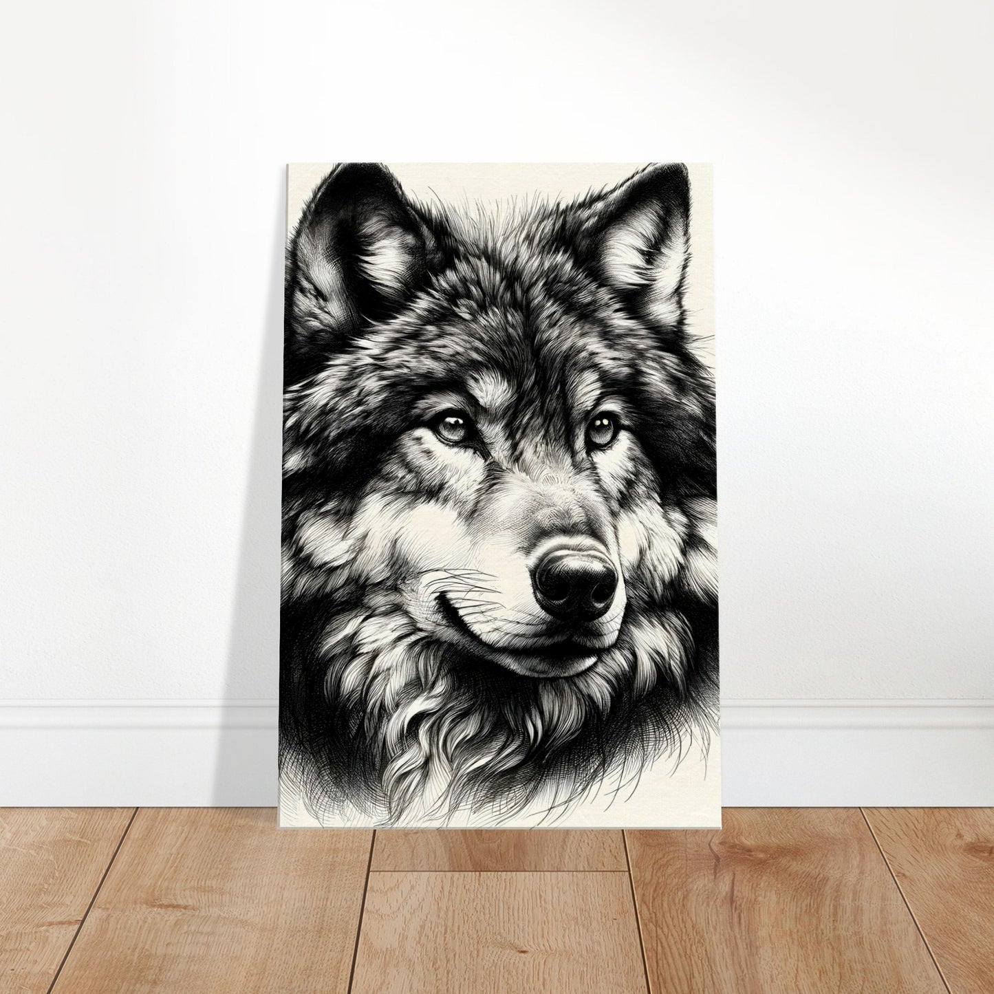 Pencil sketch of a spirited wolf with keen eyes and dynamic fur against an abstract wilderness background.