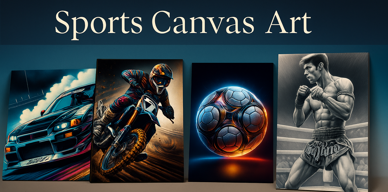 A promotional digital banner showcases sports-themed canvas art, featuring a drifting race car, a motocross rider, a glowing football, and a Muay Thai fighter, with the text “Sports Canvas Art".