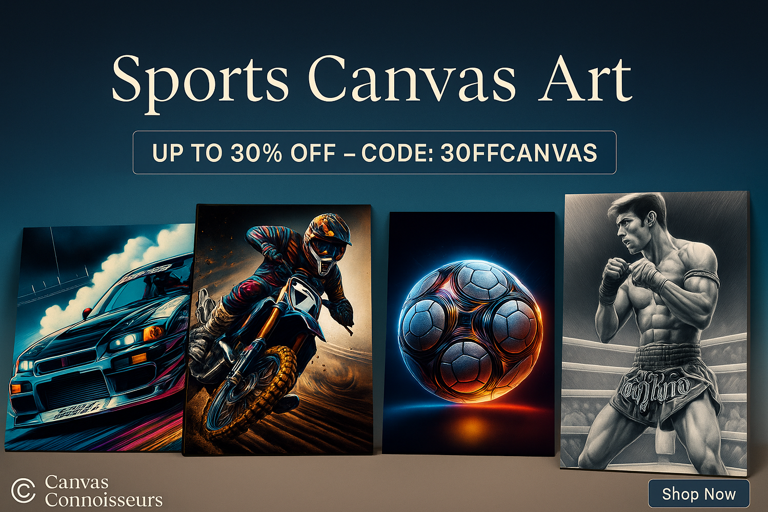 A promotional digital banner showcases sports-themed canvas art, featuring a drifting race car, a motocross rider, a glowing football, and a Muay Thai fighter, with the text “Sports Canvas Art – UP TO 30% OFF – CODE: 30OFFCANVAS” above and a “Shop Now” button in the corner.