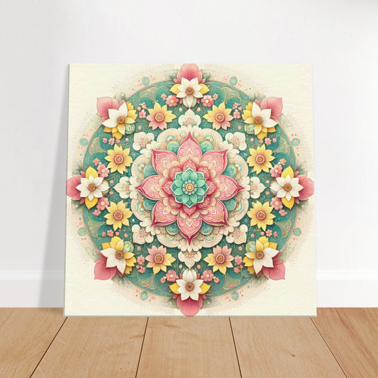 Mandala artwork featuring cherry blossom pink, mint green, and daffodil yellow accents on a warm white background, evoking spring renewal.