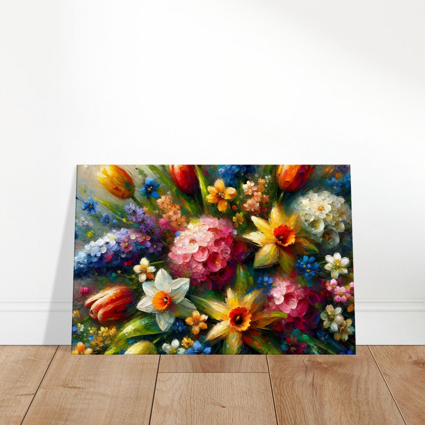 Colorful painting of a spring bouquet with tulips, daffodils, and hyacinths in vibrant, expressive brushstrokes.