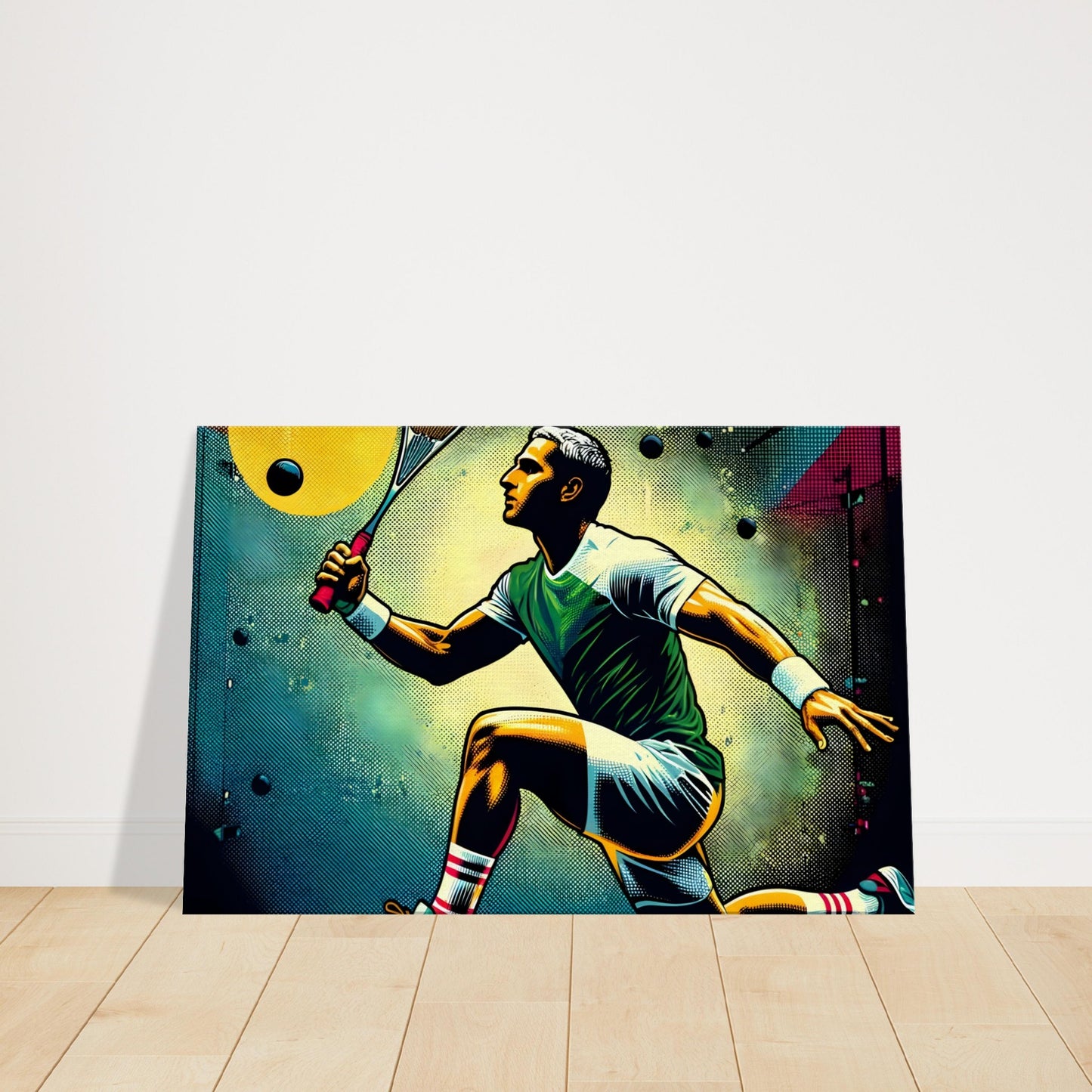 Canvas art of a squash player in mid-lunge, with the ball in motion and dynamic lighting emphasizing speed and precision.