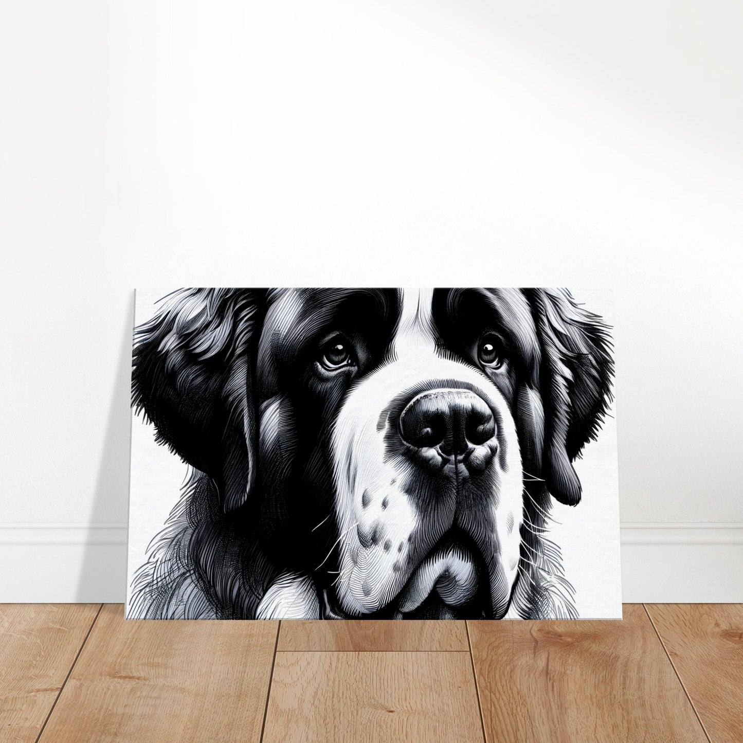 Monochrome sketch of a St. Bernard dog showcasing textured fur and soulful eyes.