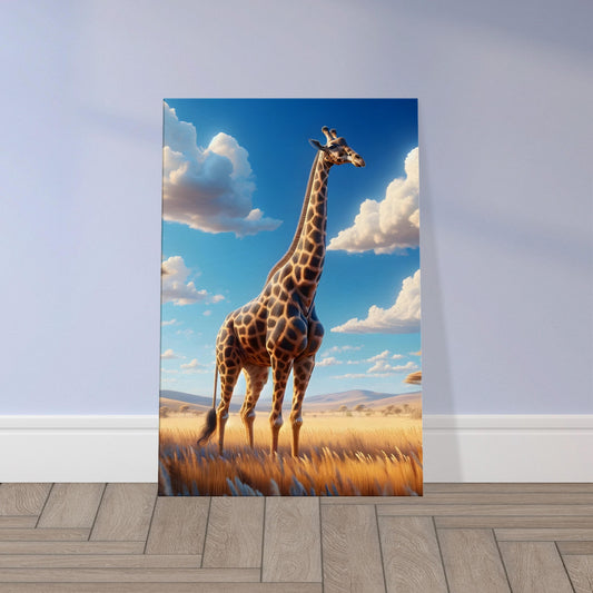 Wall art of a standing giraffe gazing into distance with golden grassland and blue sky background.