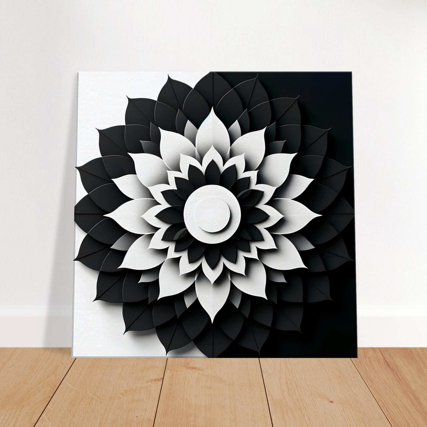 Black mandala artwork on a stark white background with clean geometric lines, emphasizing strong contrast and minimalist design.