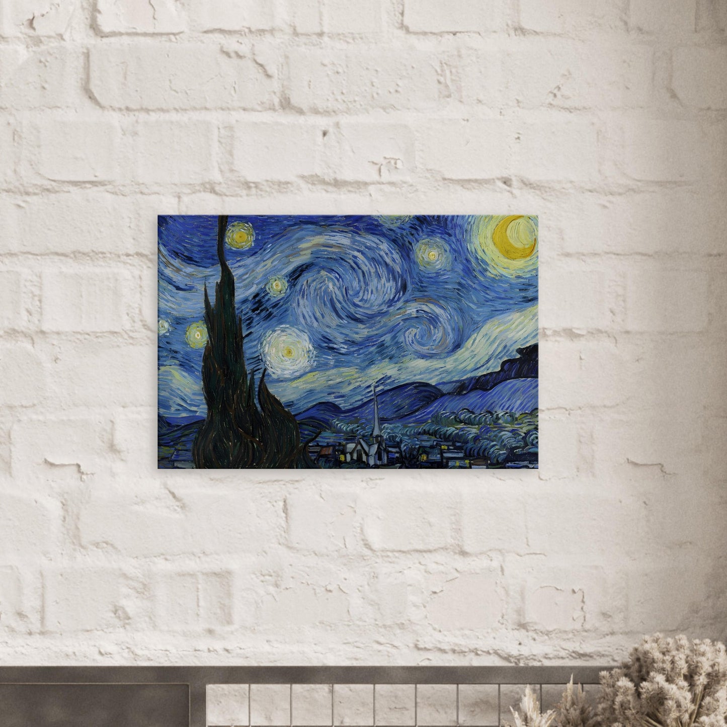 Canvas art reproduction of Van Gogh’s Starry Night, depicting a swirling, energetic night sky over a quiet village with bold brushstrokes and vivid blue and yellow contrasts.