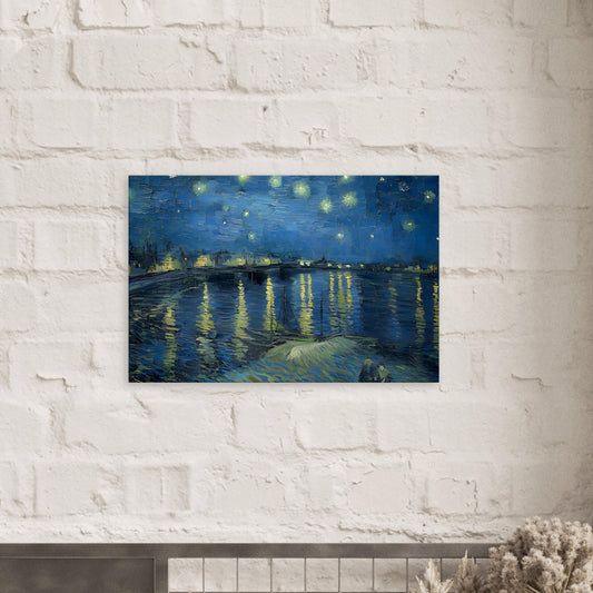 Canvas art reproduction of Van Gogh’s "Starry Night Over the Rhône," featuring swirling night skies and shimmering river reflections in vibrant colors.