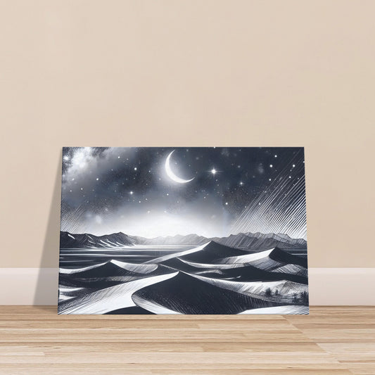 Sketch of a starry night in the desert featuring crescent moon, sand dunes, and a Milky Way-filled sky with sparse desert flora.