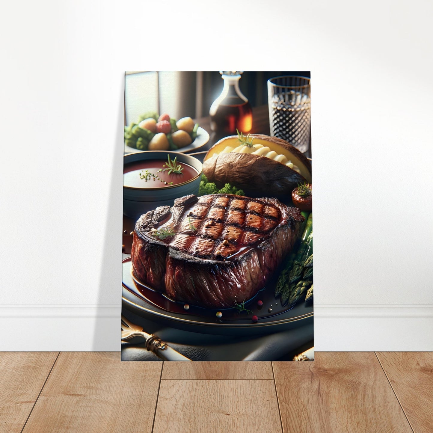 Canvas art depicting a grilled steak wrapped in bacon, asparagus, roasted cherry tomatoes, and a loaded baked potato with butter.
