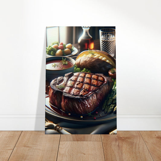 Canvas art depicting a grilled steak wrapped in bacon, asparagus, roasted cherry tomatoes, and a loaded baked potato with butter.