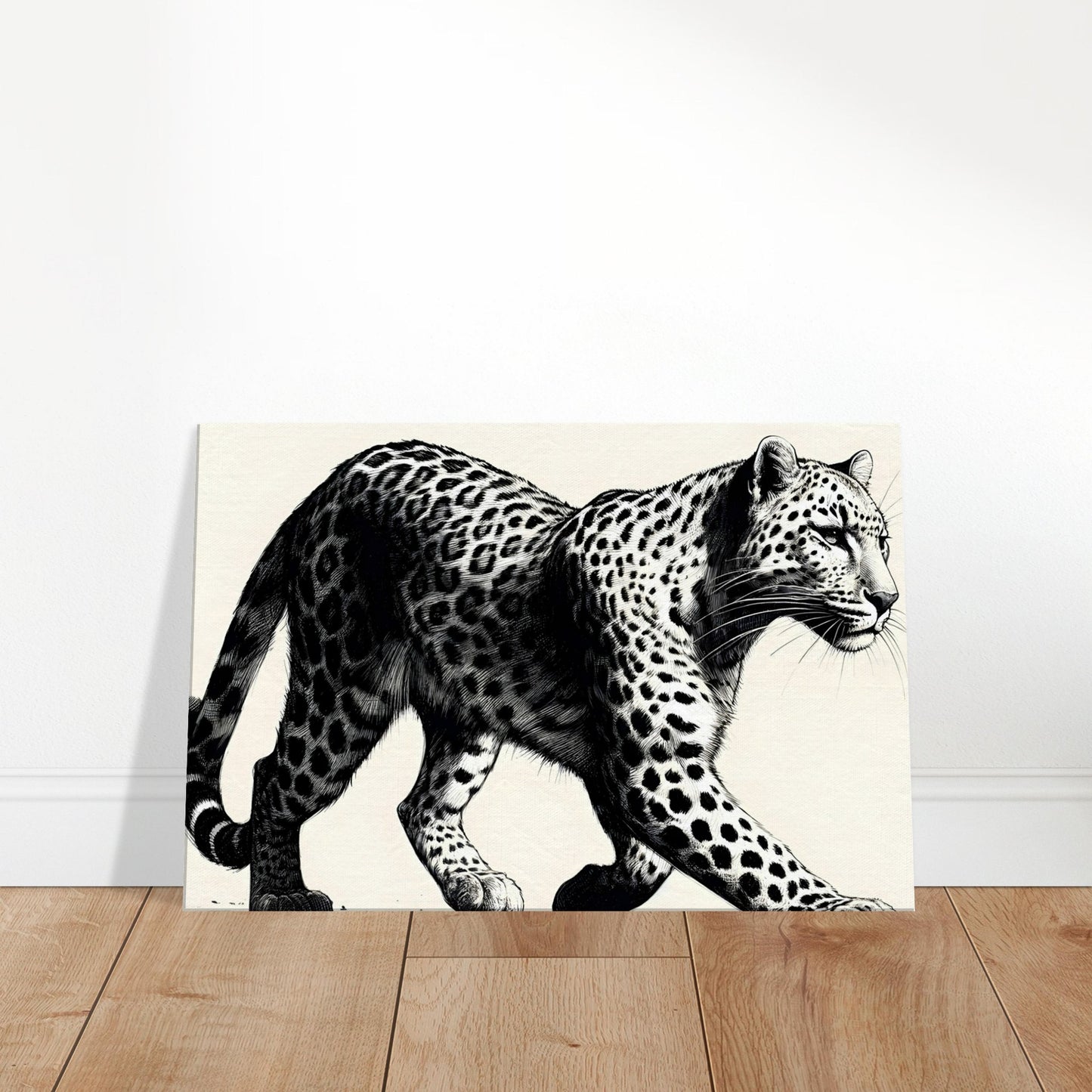 Pencil sketch of a stealthy leopard with detailed spots, poised to pounce in a shadowy forest setting.