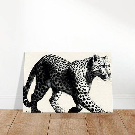 Pencil sketch of a stealthy leopard with detailed spots, poised to pounce in a shadowy forest setting.