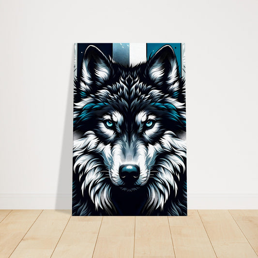 Pop art of a stealthy wolf with blue eyes against a moonlit winter forest backdrop.
