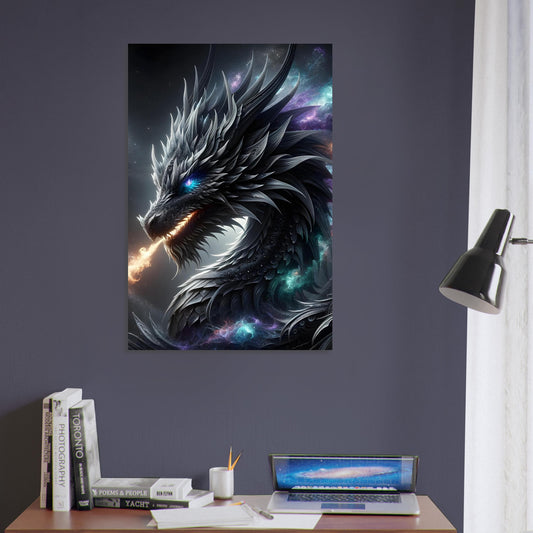 Metal poster of a silver and gray dragon with glowing cosmic eyes breathing nebular fire against a backdrop of stars and nebulas.