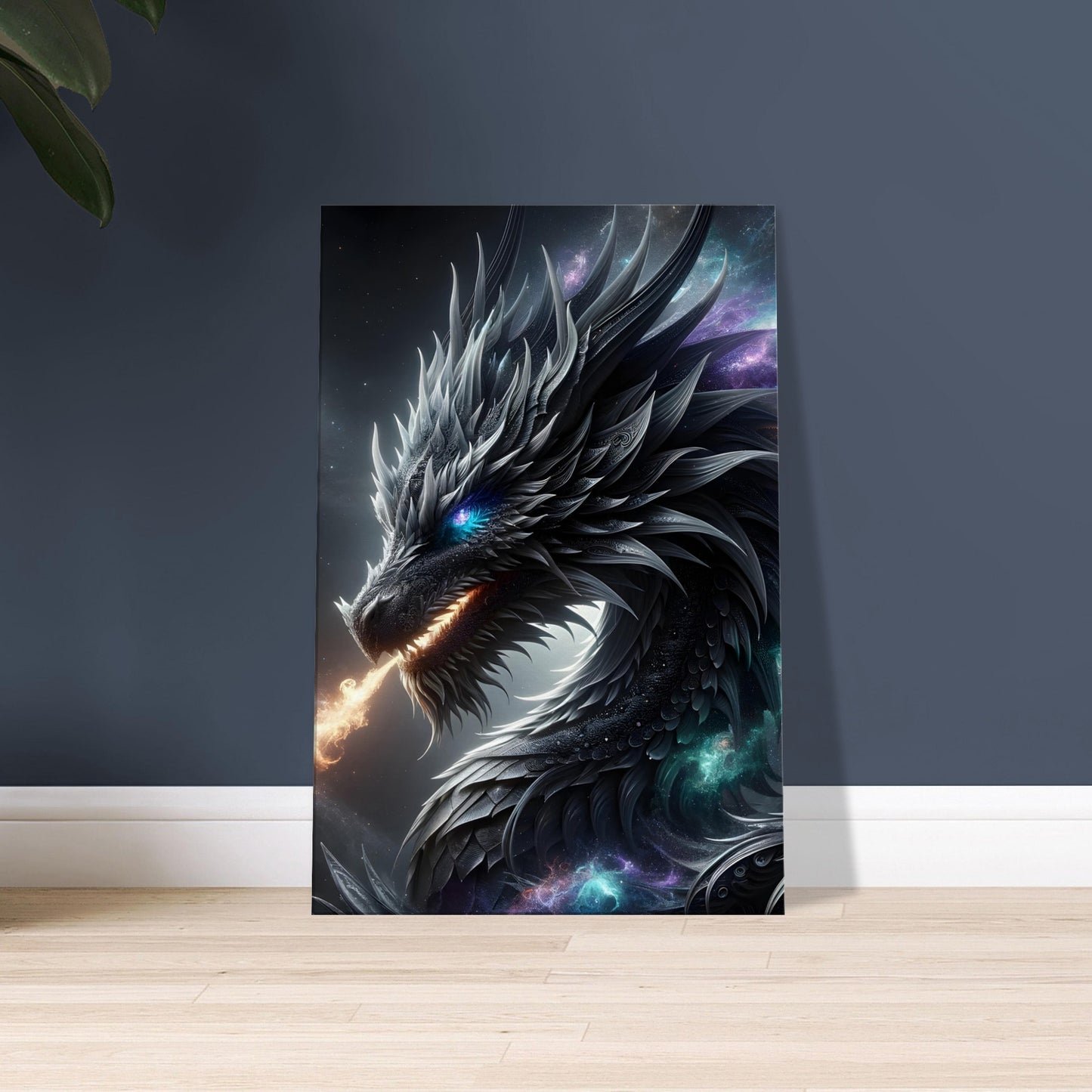 Mythical artwork of a metallic-scaled dragon breathing cosmic flames with glowing eyes, set against a starry nebula-filled sky.