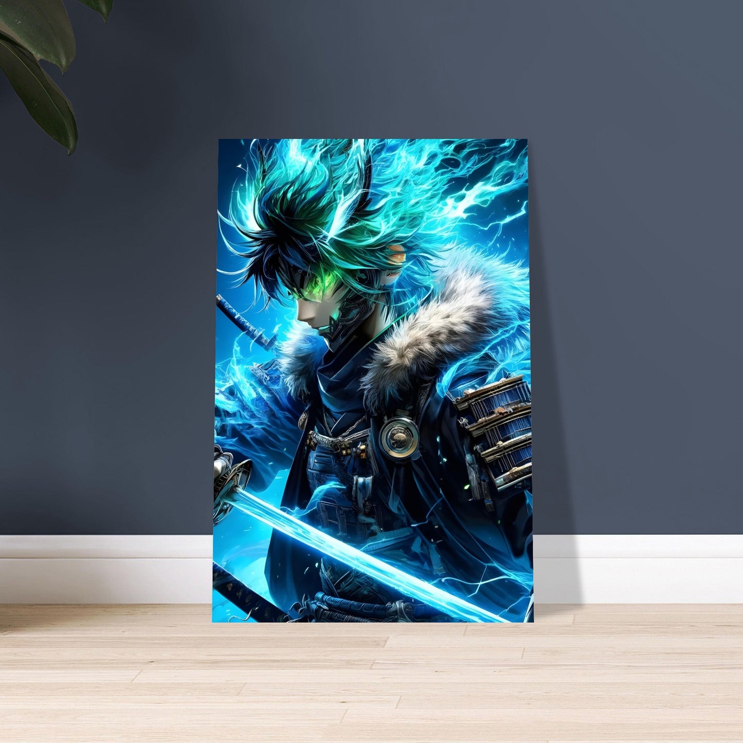 Cyber Anime warrior with blue flame hair and glowing green eyes wielding an energy sword against a stormy futuristic city backdrop.