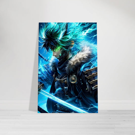 Anime warrior with blue flame hair and glowing green eyes wielding an energy sword in a stormy futuristic city.