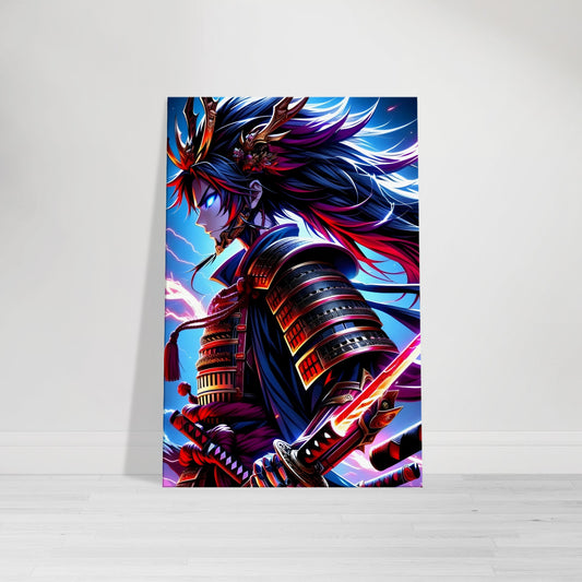 Anime-style samurai warrior wielding a glowing lightning sword, with long hair flowing in the storm, set against a crackling thunderstorm backdrop.