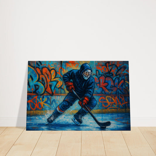 Graffiti-style painting of a hockey player in action with neon colour highlights.