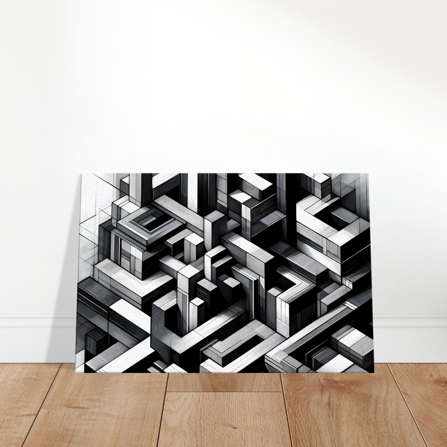 Monochrome abstract artwork with layered geometric shapes forming a futuristic, architectural pattern with depth and shadow.