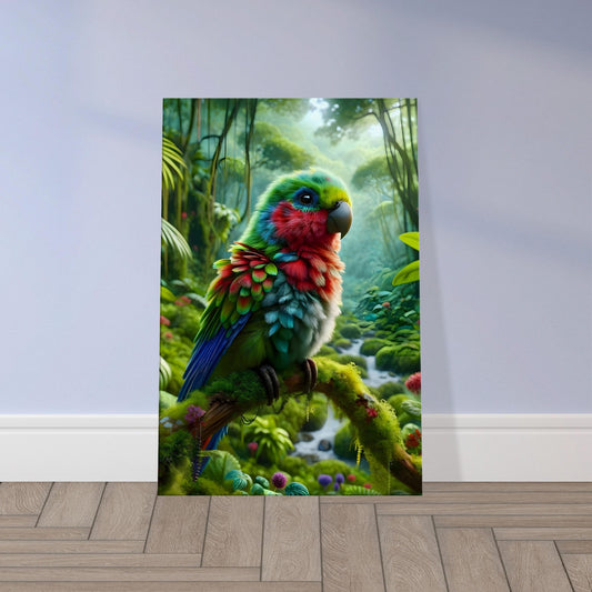 Canvas print of a hyper-realistic colorful parrot perched amidst vibrant green rainforest leaves.