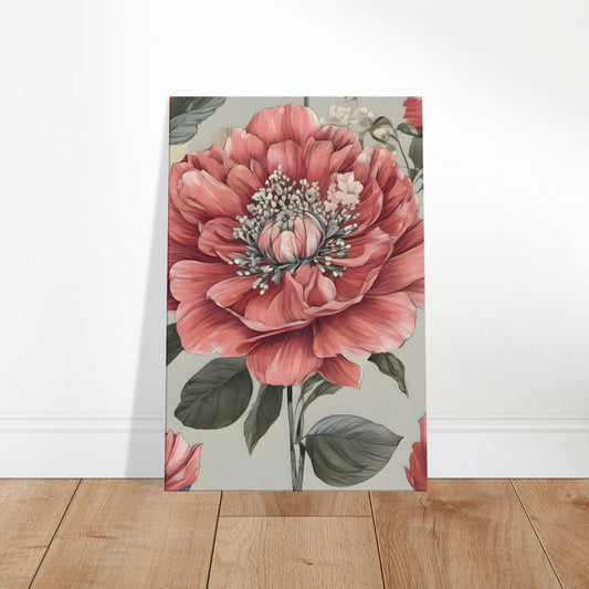 Painting of a soft pink and coral flower with delicately shaded petals against a muted background.