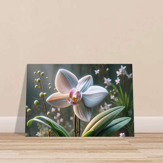 White orchid in bloom with soft pink and yellow center, surrounded by green forest foliage