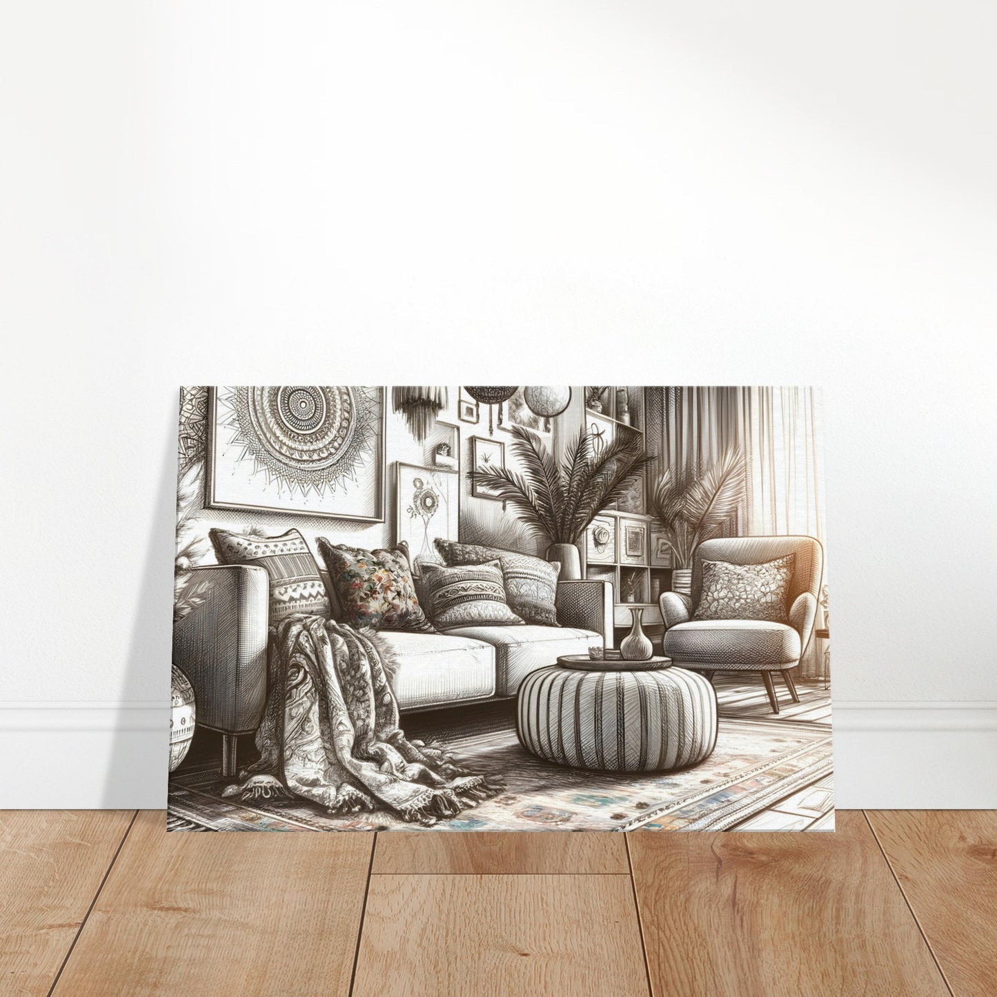 Hand-drawn sketch of a stylish bohemian living room with a plush sofa, patterned pillows, eclectic wall art, and a textured rug.