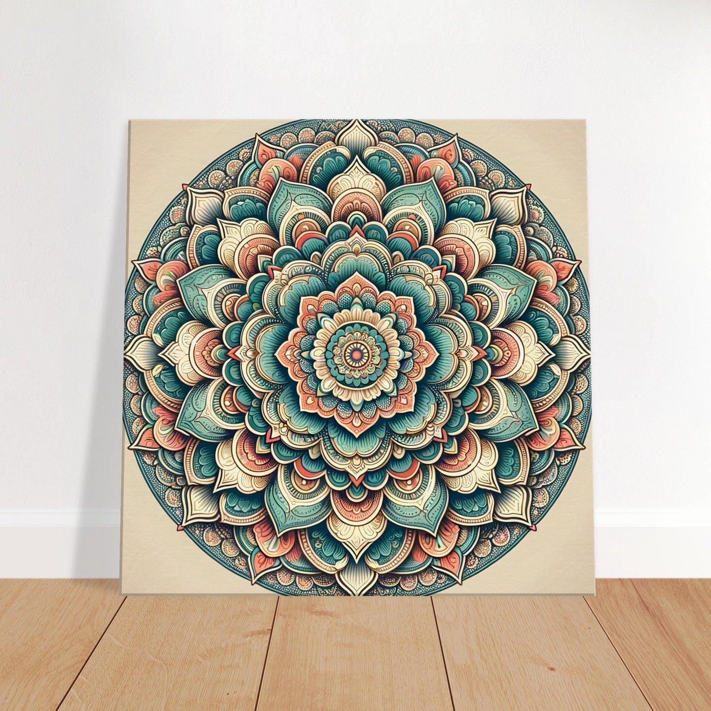 Mandala artwork with intricate patterns and soft accents of teal, gold, and coral, offering subtle elegance and balanced design.