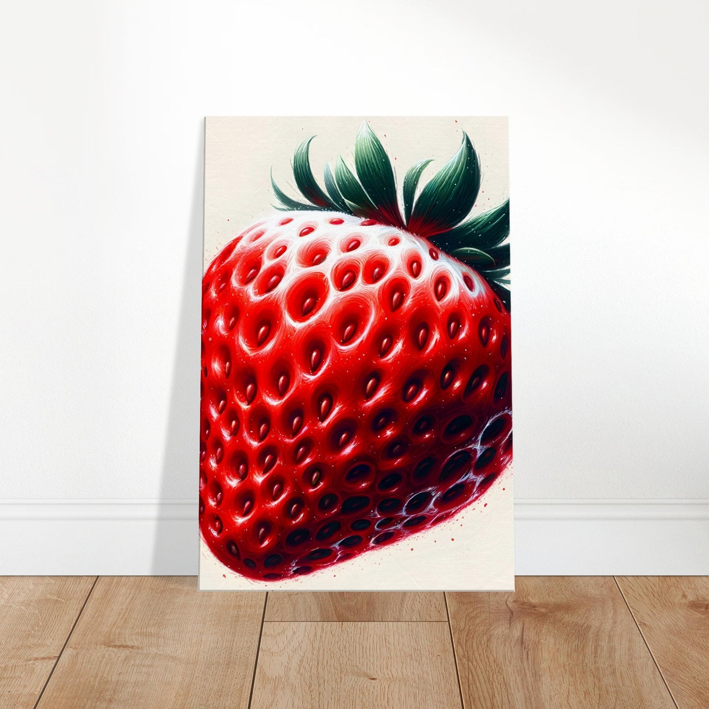 Canvas art depicting a detailed, juicy strawberry with vibrant red and green hues and realistic highlights.