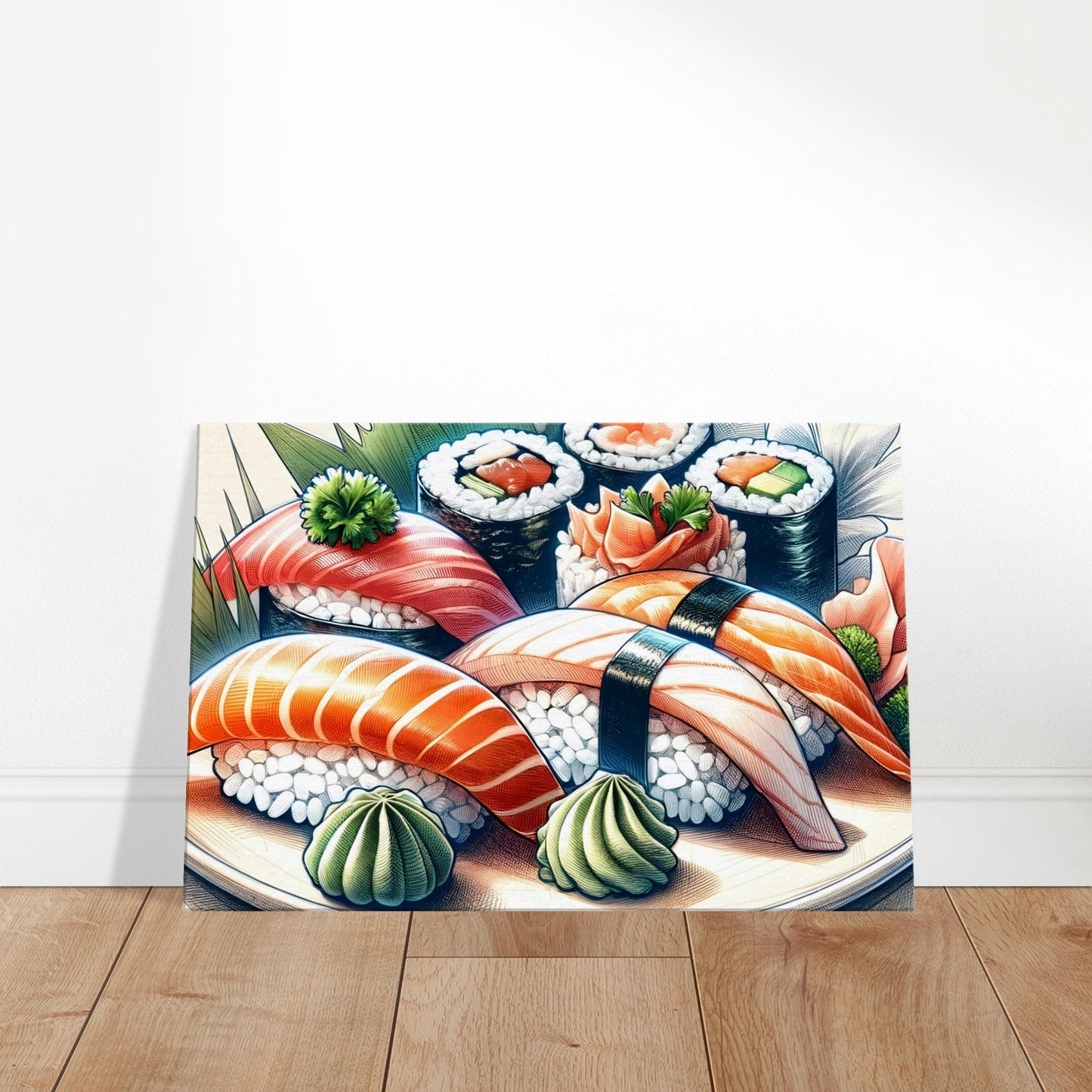 Canvas art depicting assorted sushi nigiri and maki rolls with pickled ginger, wasabi, and cucumber garnishes.